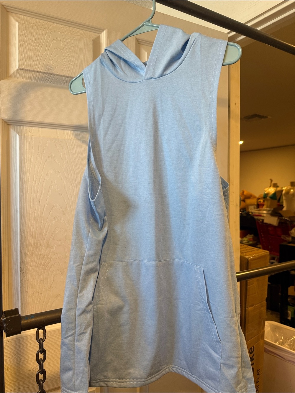 Men's Light Blue Sleeveless Hooded Tee with Front Pouch